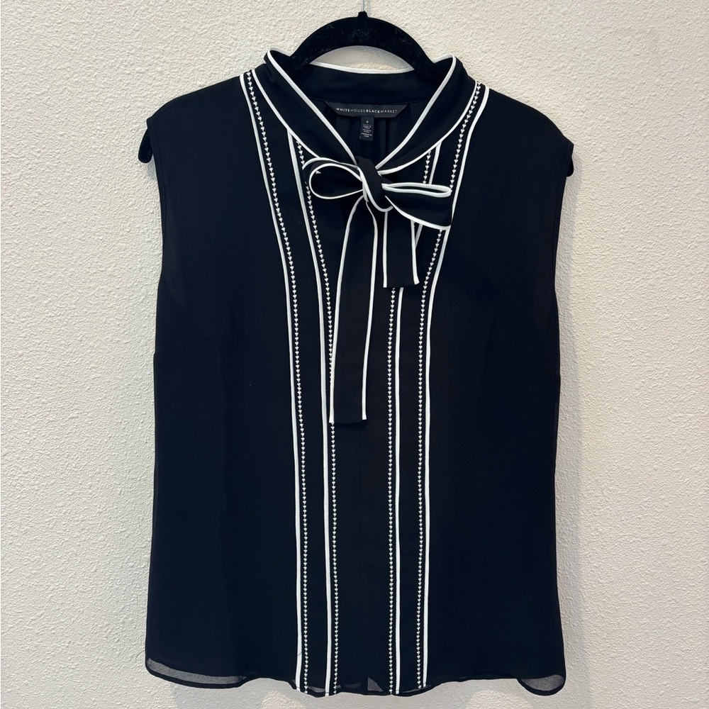 WHBM Sleeveless Embroidered Office BlouseTop Shell with Tie Neck Bow size 4